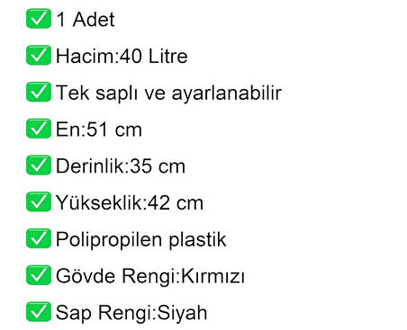 Tekerlekli Plastik Market Alışveriş El Sepeti 40 Litre Kırmızı 1 Adet