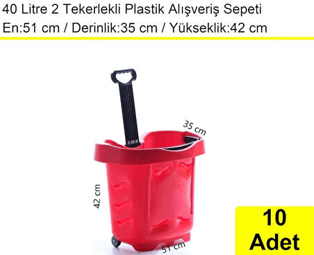 Tekerlekli Plastik Market Alışveriş El Sepeti 40 Litre Kırmızı 10 Adet