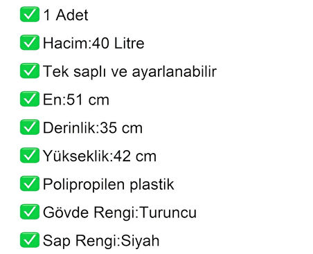 Tekerlekli Plastik Market Alışveriş El Sepeti 40 Litre Turuncu 1 Adet
