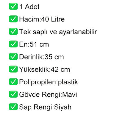 Tekerlekli Plastik Market Alışveriş El Sepeti 40 Litre Mavi 1 Adet
