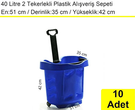 Tekerlekli Plastik Market Alışveriş El Sepeti 40 Litre Mavi 10 Adet