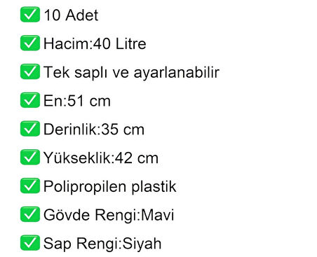 Tekerlekli Plastik Market Alışveriş El Sepeti 40 Litre Mavi 10 Adet