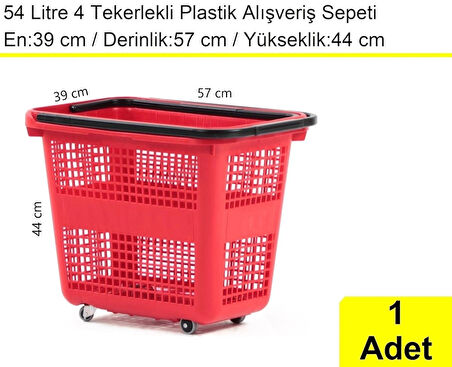 Tekerlekli Plastik Market Alışveriş El Sepeti 54 Litre Kırmızı 1 Adet