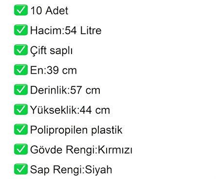 Tekerlekli Plastik Market Alışveriş El Sepeti 54 Litre Kırmızı 10 Adet