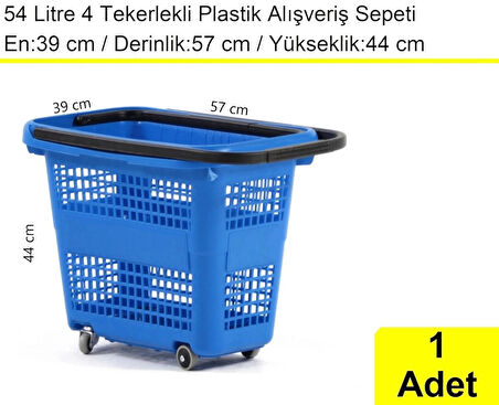 Tekerlekli Plastik Market Alışveriş El Sepeti 54 Litre Mavi 1 Adet