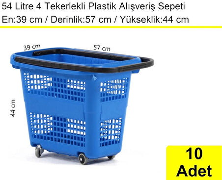 Tekerlekli Plastik Market Alışveriş El Sepeti 54 Litre Mavi 10 Adet