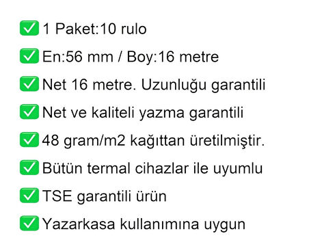 56x16 Metre Termal Kredi Kartı ve Yazarkasa Pos Rulosu 10 Adet