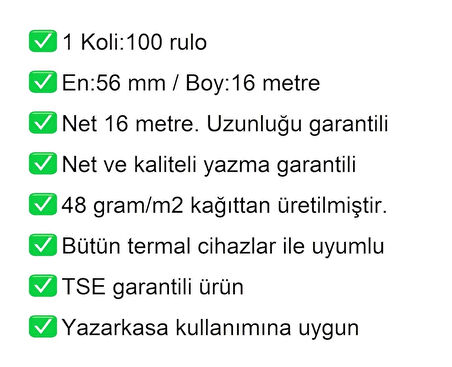 56x16 Metre Termal Kredi Kartı ve Yazarkasa Pos Rulosu 100 Adet