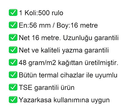 56x16 Metre Termal Kredi Kartı ve Yazarkasa Pos Rulosu 500 Adet