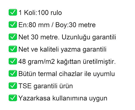 80x30 Metre Termal Yazarkasa ve Adisyon Rulosu 100 Adet