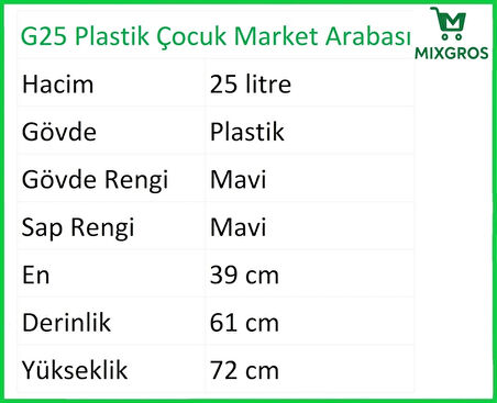 G25 Plastik Çocuk Market Alışveriş Arabası 25 Litre Mavi