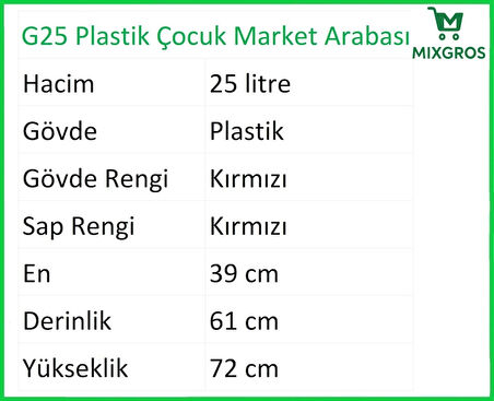 G25 Plastik Çocuk Market Alışveriş Arabası 25 Litre Kırmızı