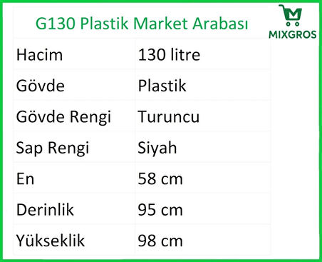 G130 Plastik Market Alışveriş Arabası 130 Litre Turuncu