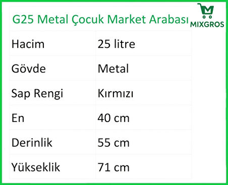 G25 Metal Çocuk Market Alışveriş Arabası 25 Litre