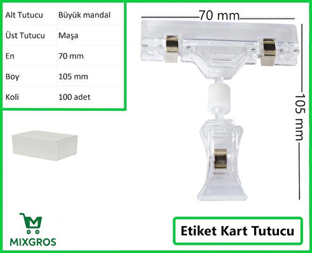Etiket Tutucu / Maşalı / Büyük Mandal / Şeffaf / 70x105 mm / 100 Adet