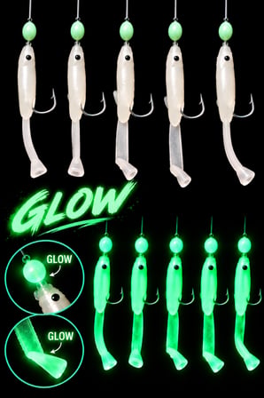 ea genset Silikon Balıklı Çapari 5 Cm (2 Adet) Silikon At Çek Takımı Şeffaf Yeşil Fosforlu Glow Beden ve Fosforlu Glow Boncuklu