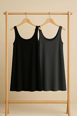 2 Adet A Kesim Pamuklu Kalın Askılı Atlet Elbise