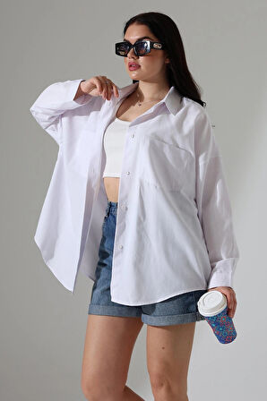 Oversize Poplin Kumaş Çift Cepli Kadın Tunik Gömlek