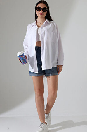 Oversize Poplin Kumaş Çift Cepli Kadın Tunik Gömlek