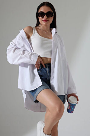 Oversize Poplin Kumaş Çift Cepli Kadın Tunik Gömlek