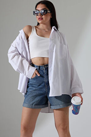 Oversize Poplin Kumaş Çift Cepli Kadın Tunik Gömlek