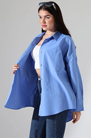 Oversize Poplin Kumaş Çift Cepli Kadın Tunik Gömlek