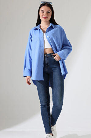 Oversize Poplin Kumaş Çift Cepli Kadın Tunik Gömlek