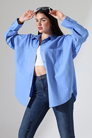 Oversize Poplin Kumaş Çift Cepli Kadın Tunik Gömlek