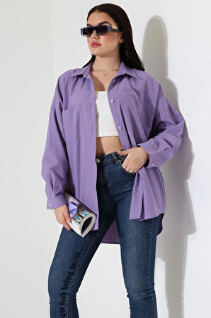 Oversize Poplin Kumaş Çift Cepli Kadın Tunik Gömlek