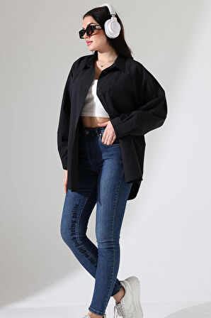 Oversize Poplin Kumaş Çift Cepli Kadın Tunik Gömlek