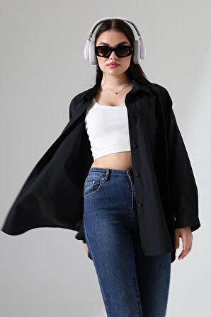 Oversize Poplin Kumaş Çift Cepli Kadın Tunik Gömlek