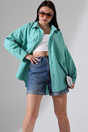 Oversize Poplin Kumaş Çift Cepli Kadın Tunik Gömlek