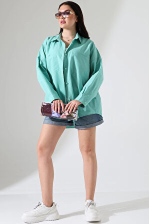 Oversize Poplin Kumaş Çift Cepli Kadın Tunik Gömlek