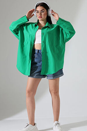 Oversize Poplin Kumaş Çift Cepli Kadın Tunik Gömlek