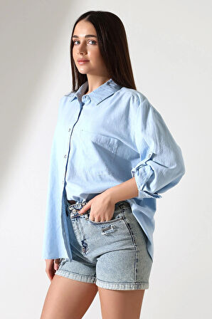 Oversize Kalıp Keten Kumaş Aplike Cepli Apoletli Kadın Gömlek