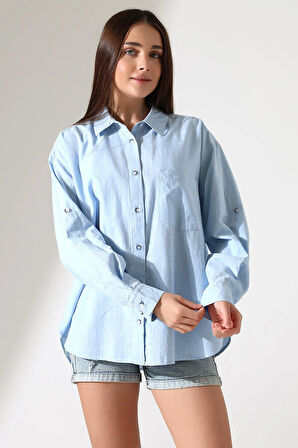 Oversize Kalıp Keten Kumaş Aplike Cepli Apoletli Kadın Gömlek