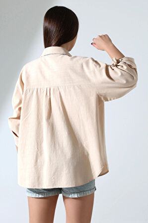 Oversize Kalıp Keten Kumaş Aplike Cepli Apoletli Kadın Gömlek