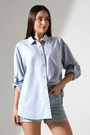 Oversize Kalıp Keten Kumaş Aplike Cepli Apoletli Kadın Gömlek