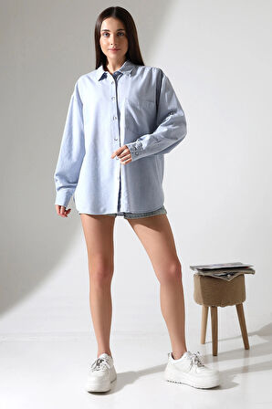 Oversize Kalıp Keten Kumaş Aplike Cepli Apoletli Kadın Gömlek