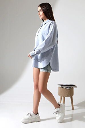 Oversize Kalıp Keten Kumaş Aplike Cepli Apoletli Kadın Gömlek