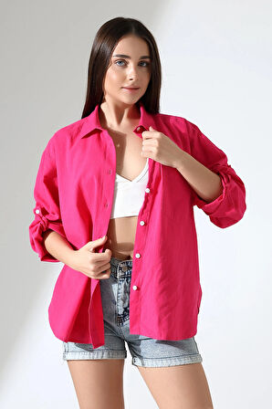 Oversize Kalıp Keten Kumaş Aplike Cepli Apoletli Kadın Gömlek