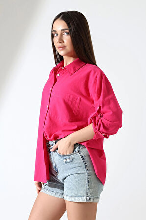 Oversize Kalıp Keten Kumaş Aplike Cepli Apoletli Kadın Gömlek