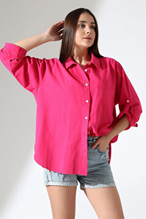 Oversize Kalıp Keten Kumaş Aplike Cepli Apoletli Kadın Gömlek