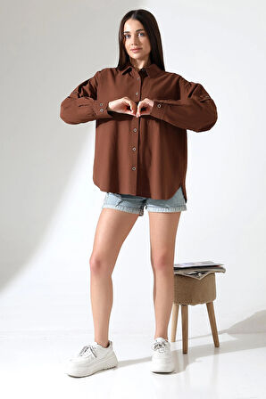 Oversize Kalıp Keten Kumaş Aplike Cepli Apoletli Kadın Gömlek