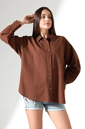 Oversize Kalıp Keten Kumaş Aplike Cepli Apoletli Kadın Gömlek