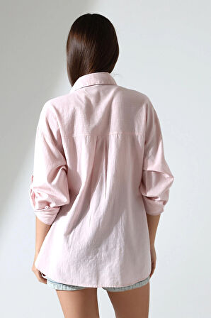 Oversize Kalıp Keten Kumaş Aplike Cepli Apoletli Kadın Gömlek