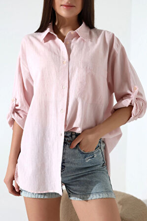 Oversize Kalıp Keten Kumaş Aplike Cepli Apoletli Kadın Gömlek