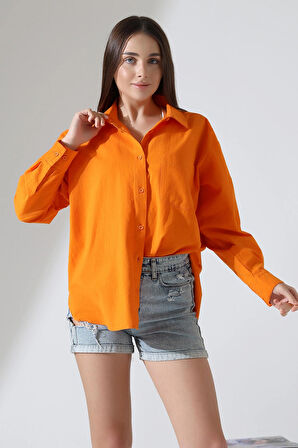Oversize Kalıp Keten Kumaş Aplike Cepli Apoletli Kadın Gömlek