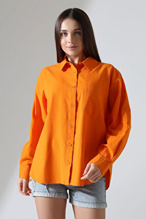 Oversize Kalıp Keten Kumaş Aplike Cepli Apoletli Kadın Gömlek