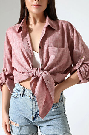 Oversize Kalıp Keten Kumaş Aplike Cepli Apoletli Kadın Gömlek